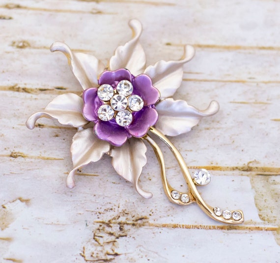 Vintage Art Nouveau Diamond Purple Flower Silver … - image 1