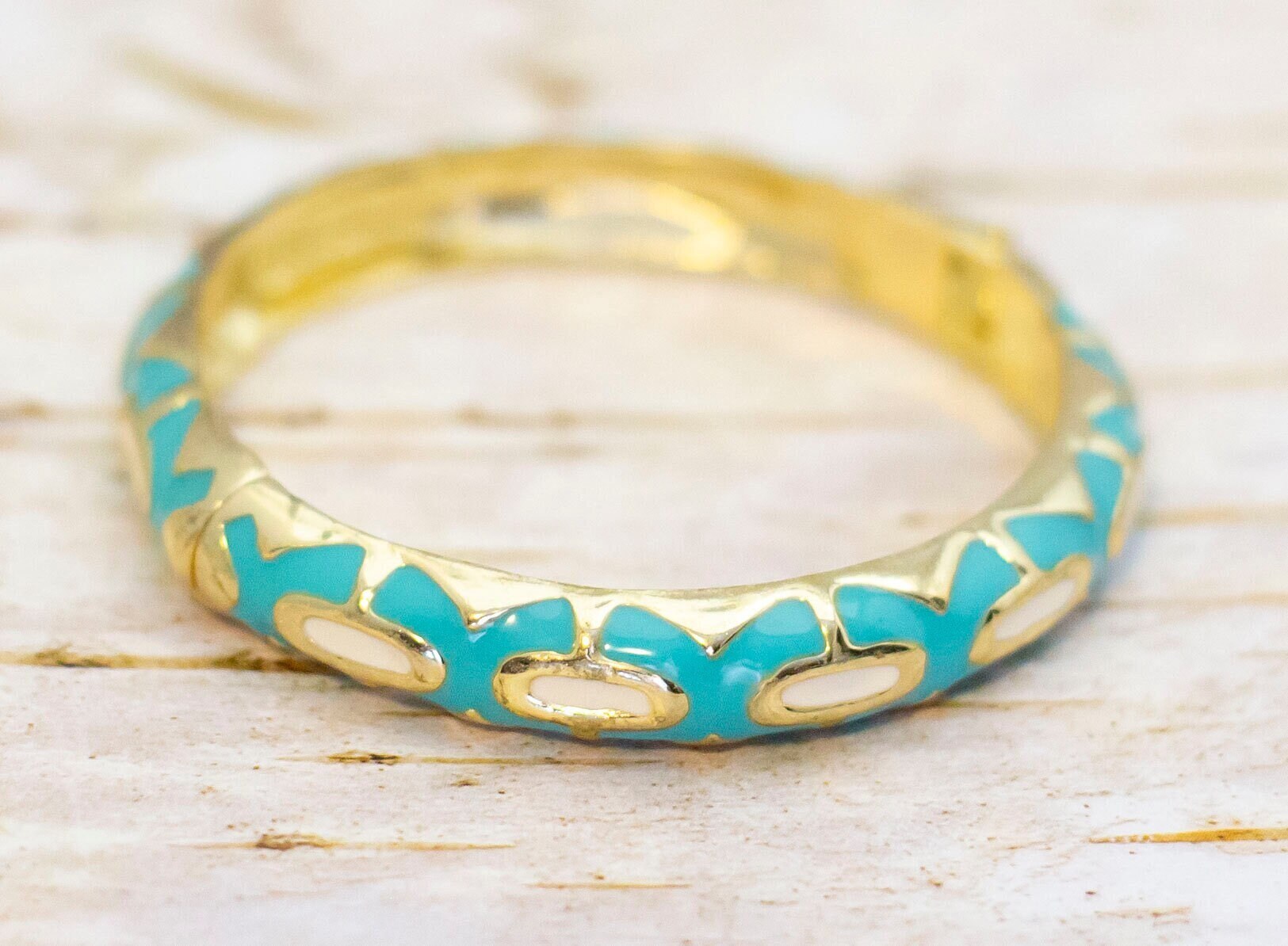 Vintage Blue Ribbons Gold Tone Hinged Bangle by Fornash
