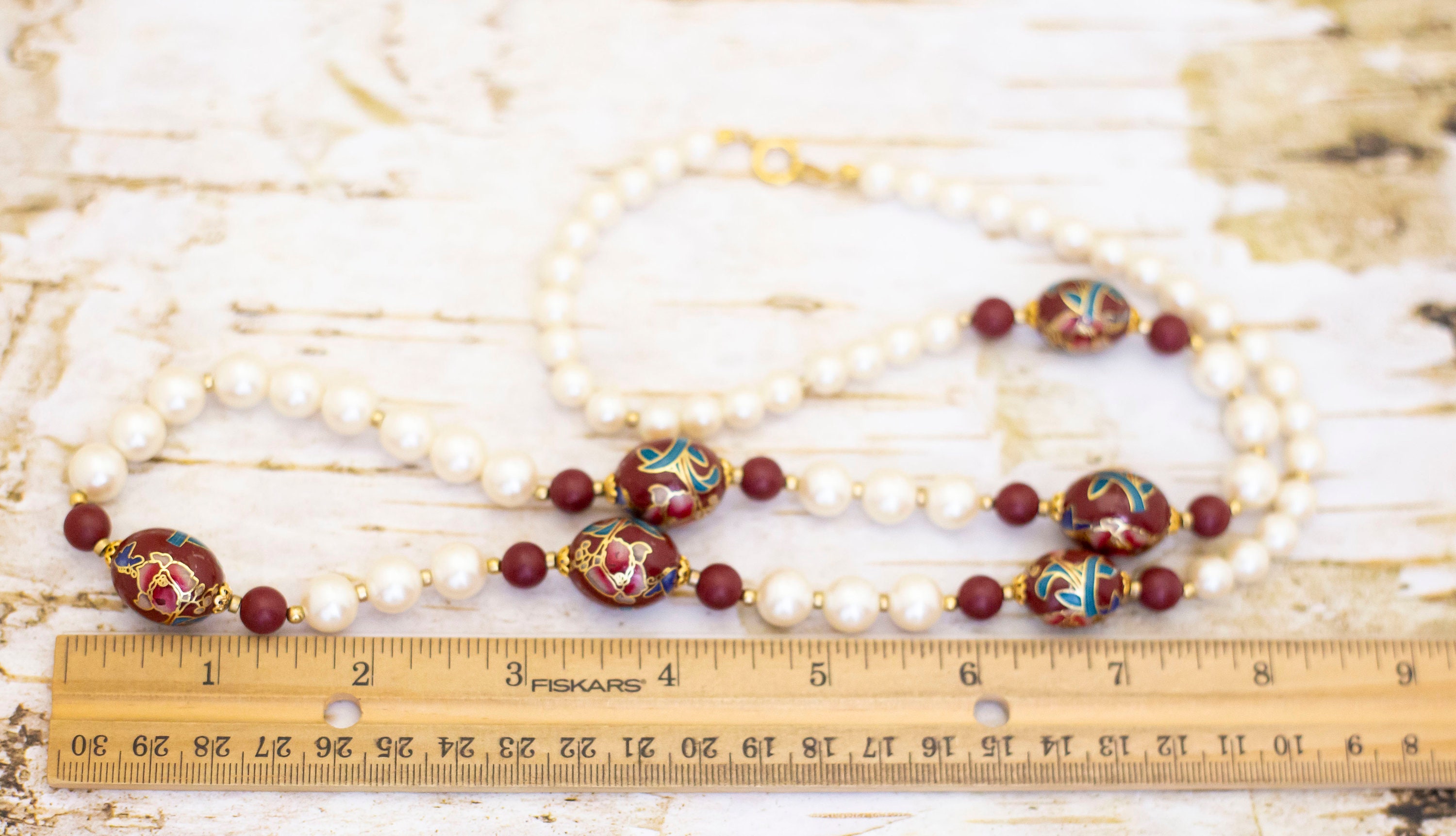 30 Inch, Vintage Oriental Floral Beads White Faux Pearls