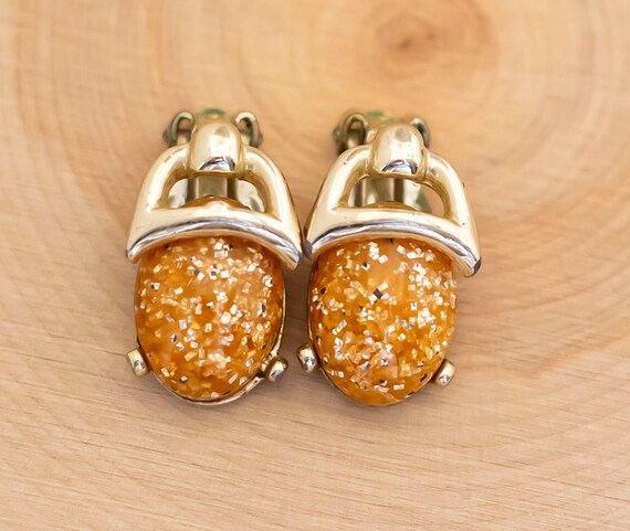Boucles D'oreilles Vintage Clips - Grosses Perles Orange Vernis Brillant - Modèle 454