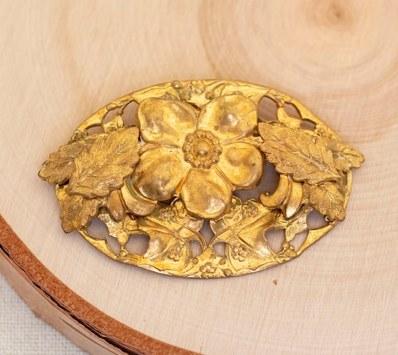 Vintage Art Nouveau Floral Garden Oval Brooch - B… - image 1