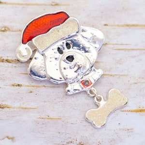 Vintage Christmas Puppy Silver Tone Brooch - BR1