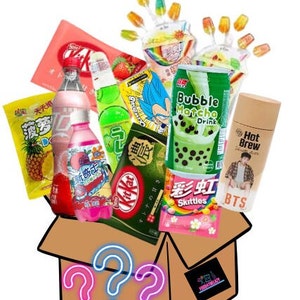 International Mystery Drinks and Candy Box Featuring Anime Themed and BTS Drinks Perfect for Gifting Presents and Fans of Asian Snacks