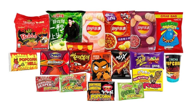 International Spicy Mystery Snack Box Perfect for gifting College Care Package and Birthday gifts. Spicy snacks from all over the world. image 1