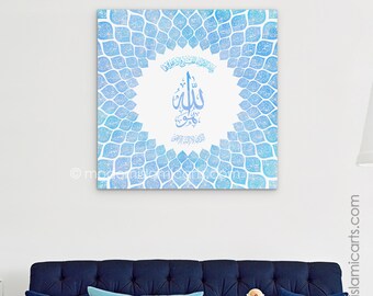 Islamic Wall Art | Islamic Gifts | 99 Names of Allah - Al Asma Ul Husna - Blue | Framed Art Arabic Quran Calligraphy Décor Islamic Canvas