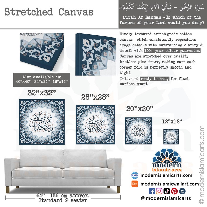 May include: A stretched canvas print of Islamic calligraphy in blue and white on a dark blue background. The print is available in various sizes, including 32x32 inches, 28x28 inches, 20x20 inches, and 12x12 inches. The text in the image reads "Surah Ar Rahman - So which of the favors of your Lord would you deny?"
