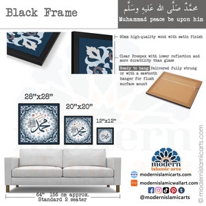 May include: A black framed print featuring a blue and white geometric design with Arabic calligraphy. The print is available in three sizes: 28 inches by 28 inches, 20 inches by 20 inches, and 12 inches by 12 inches. The print is displayed above a white sofa.
