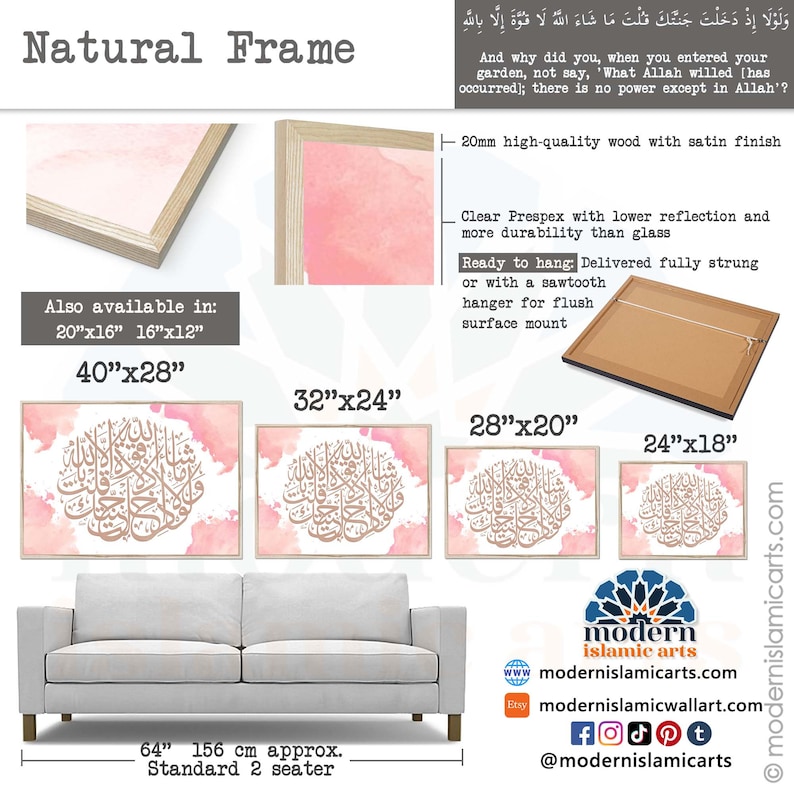 May include: A pink and gold Islamic art print with Arabic calligraphy in a natural wood frame. The print is available in various sizes, including 40x28 inches, 32x24 inches, 28x20 inches, and 24x18 inches. The print is ready to hang with a sawtooth hanger for flush surface mounting. The print is also available in smaller sizes, including 20x16 inches and 16x12 inches.