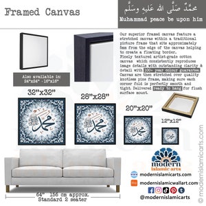 May include: Framed canvas print with a blue and white geometric design featuring the Arabic calligraphy "Muhammad peace be upon him". The canvas is available in various sizes, including 12x12 inches, 20x20 inches, 28x28 inches, and 32x32 inches. The canvas is ready to hang.