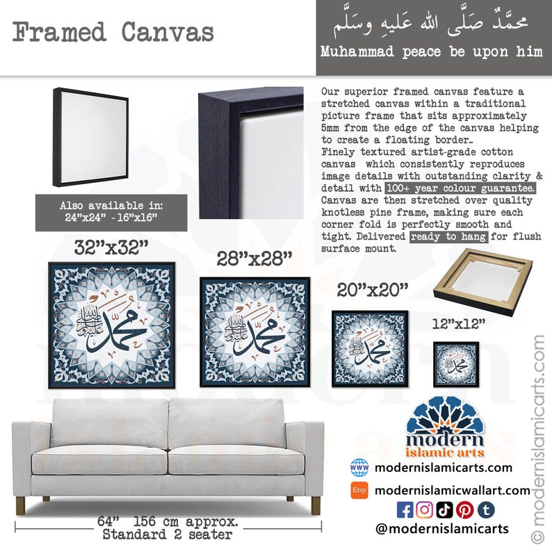 May include: Framed canvas print with a blue and white geometric design featuring the Arabic calligraphy "Muhammad peace be upon him". The canvas is available in various sizes, including 12x12 inches, 20x20 inches, 28x28 inches, and 32x32 inches. The canvas is ready to hang.