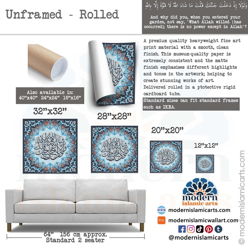Pu&ograve; includere: Una stampa d'arte islamica arrotolata con un design geometrico blu e bianco. La stampa &egrave; disponibile in diverse dimensioni, tra cui 12x12 pollici, 20x20 pollici, 28x28 pollici, 32x32 pollici e 40x40 pollici. La stampa &egrave; mostrata su un divano con una seduta larga 64 pollici.