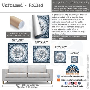 May include: A blue and white Islamic calligraphy print with a geometric pattern. The print is available in various sizes, including 32 inches by 32 inches, 28 inches by 28 inches, 20 inches by 20 inches, and 12 inches by 12 inches. The print is rolled in a protective cardboard tube.
