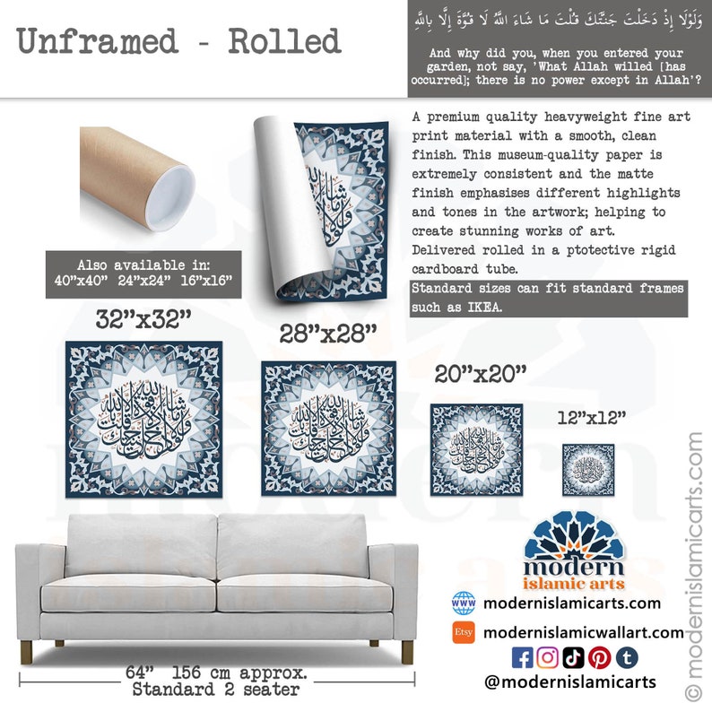 May include: A blue and white Islamic calligraphy print with a geometric pattern. The print is available in various sizes, including 32 inches by 32 inches, 28 inches by 28 inches, 20 inches by 20 inches, and 12 inches by 12 inches. The print is rolled in a protective cardboard tube.