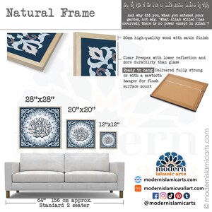 May include: A set of three framed Islamic art prints with blue and white geometric designs. The frames are made of high-quality wood with a satin finish. The prints are available in three sizes: 28 inches by 28 inches, 20 inches by 20 inches, and 12 inches by 12 inches. The prints are ready to hang with a sawtooth hanger or can be mounted flush to the wall.
