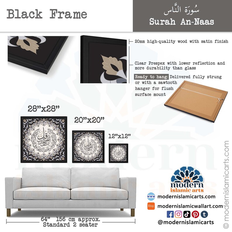 May include: Black framed print of Islamic calligraphy in Arabic script with the text "Surah An-Naas". The print is available in three sizes: 28 inches by 28 inches, 20 inches by 20 inches, and 12 inches by 12 inches. The print is shown hanging above a gray couch.