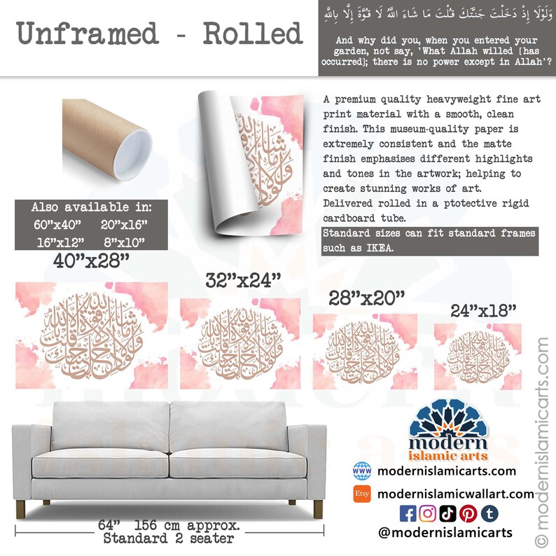 May include: A rolled Islamic art print with a pink and gold design. The print features Arabic calligraphy in gold on a pink watercolor background. The print is available in various sizes, including 40"x28", 32"x24", 28"x20", and 24"x18".