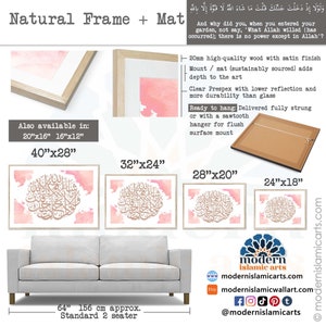 May include: A framed Islamic art print with a pink and gold watercolor background. The print features Arabic calligraphy in gold. The frame is available in various sizes, including 40x28 inches, 32x24 inches, 28x20 inches, and 24x18 inches. The print is ready to hang and comes with a sawtooth hanger for flush surface mounting. The text in the image reads: "And why did you, when you entered your garden, not say, 'What Allah willed [has occurred); there is no power except in Allah'?"