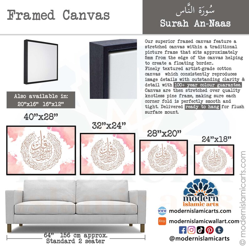 K&ouml;nnte beinhalten: Ein gerahmter Leinwanddruck der Sure An-Naas in arabischer Kalligraphie auf einem rosafarbenen Aquarellhintergrund. Die Leinwand ist in verschiedenen Gr&ouml;&szlig;en erh&auml;ltlich, darunter 40x28 Zoll, 32x24 Zoll, 28x20 Zoll und 24x18 Zoll. Die Leinwand ist fertig zum Aufh&auml;ngen und hat eine 100+ Jahre Farbgarantie.