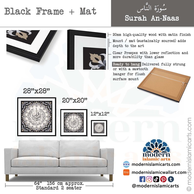May include: A black framed print of Islamic calligraphy in Arabic script with the text "Surah An-Naas". The print is available in three sizes: 28 inches by 28 inches, 20 inches by 20 inches, and 12 inches by 12 inches. The print is shown hanging above a white sofa.