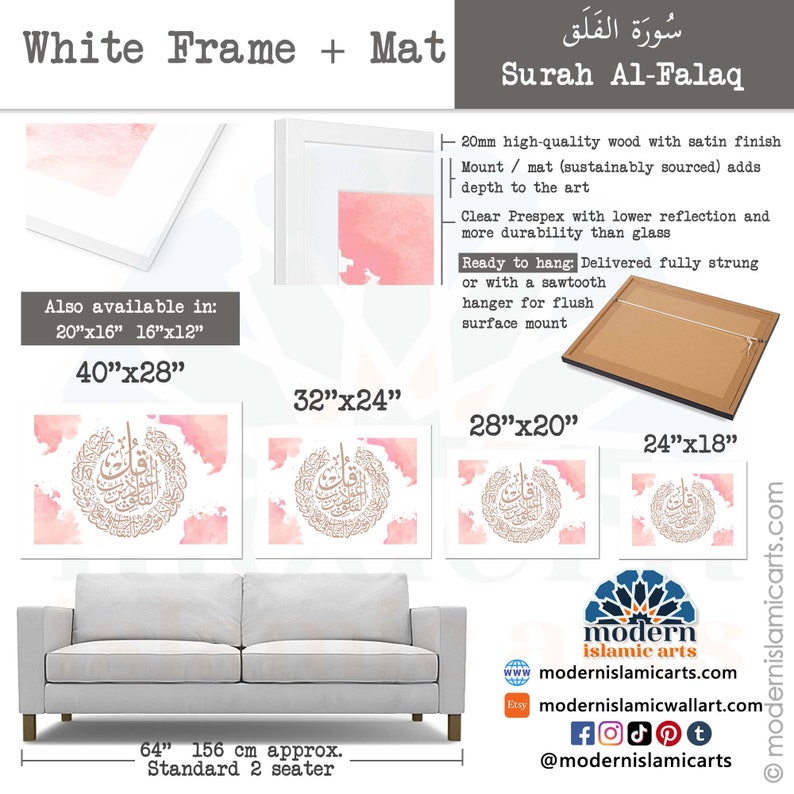 May include: A pink and gold Islamic calligraphy art print of Surah Al-Falaq, available in various sizes, including 40x28 inches, 32x24 inches, 28x20 inches, and 24x18 inches. The print is framed with a white frame and mat, and is ready to hang. The print is also available in smaller sizes, including 20x16 inches and 16x12 inches.
