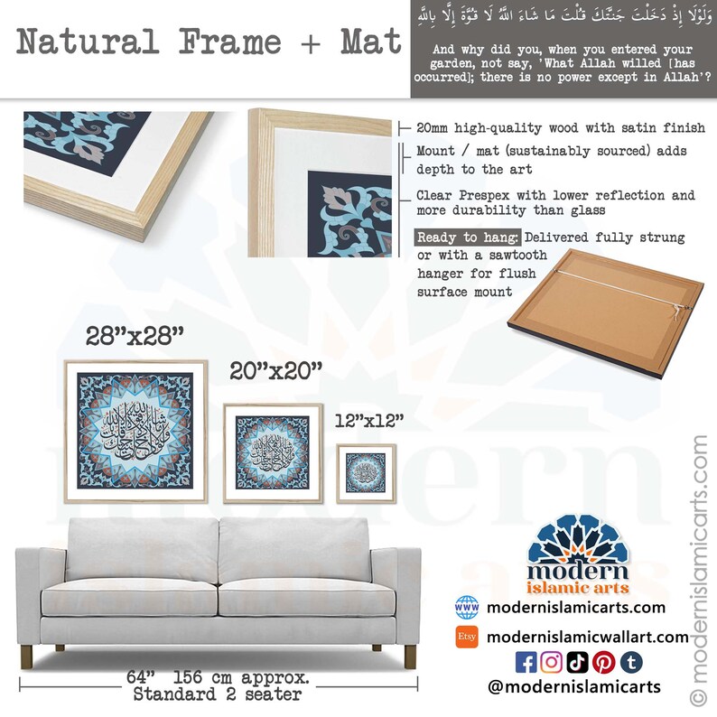 Pu&ograve; includere: Una stampa d'arte islamica incorniciata con motivi geometrici blu e bianchi e calligrafia araba. La stampa &egrave; disponibile in tre dimensioni: 71 cm x 71 cm, 51 cm x 51 cm e 30 cm x 30 cm. La cornice &egrave; realizzata in legno di alta qualit&agrave; con finitura satinata e un passepartout per aggiungere profondit&agrave; all'opera d'arte. La stampa &egrave; pronta per essere appesa, con un gancio a dente di sega per un montaggio a filo.