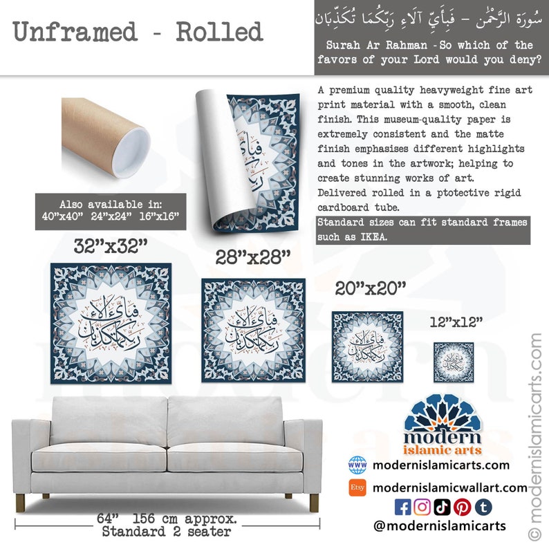 May include: A blue and white Islamic calligraphy print with the Arabic text "Surah Ar Rahman - So which of the favors of your Lord would you deny?" The print is available in various sizes, including 32x32 inches, 28x28 inches, 20x20 inches, and 12x12 inches. The print is rolled in a protective cardboard tube.