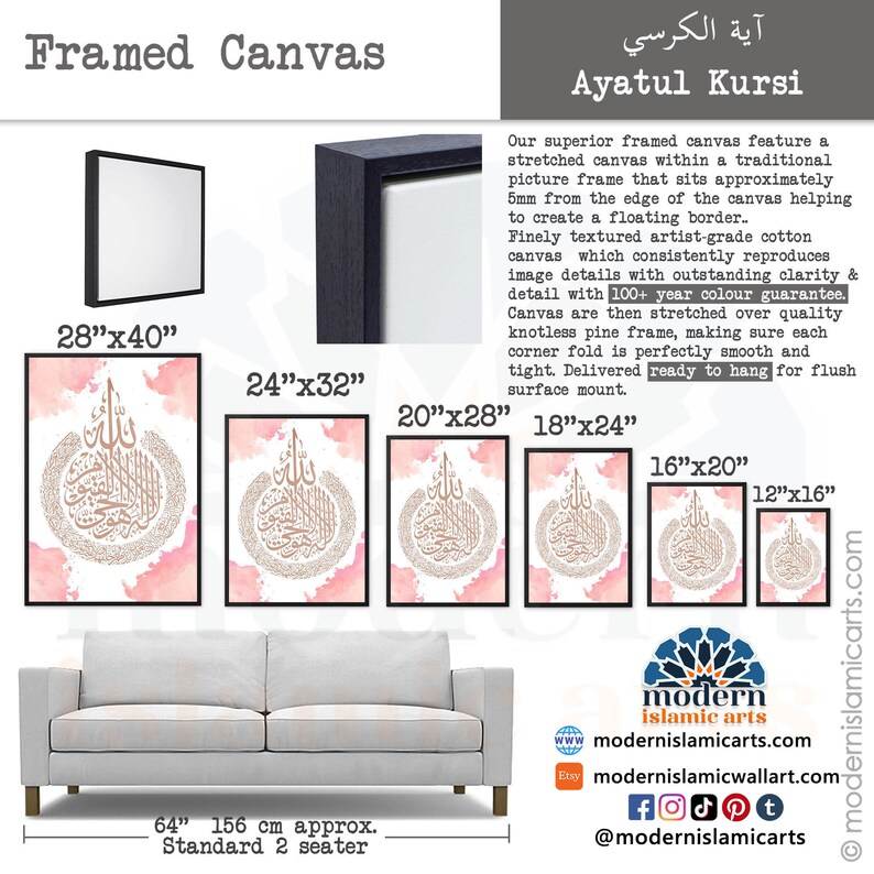 May include: A framed canvas print of the Ayatul Kursi, an Islamic verse, in gold calligraphy on a pink watercolor background. The canvas is available in various sizes, from 12 inches by 16 inches to 28 inches by 40 inches. The image shows the canvas prints displayed on a couch, with measurements for each size listed below the prints.