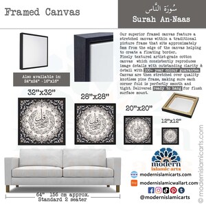 May include: Framed canvas print of the Surah An-Naas in Arabic calligraphy. The print is available in various sizes, including 12"x12", 20"x20", 28"x28", 32"x32", and 64"x64". The canvas is stretched over a knotless pine frame and is ready to hang.