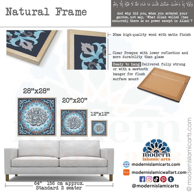 Pu&ograve; includere: Un set di tre stampe d'arte islamica incorniciate con motivi geometrici blu, bianchi e dorati e calligrafia araba. Le stampe sono disponibili in tre dimensioni: 71 cm x 71 cm, 51 cm x 51 cm e 30 cm x 30 cm. Le cornici sono in legno di alta qualit&agrave; con una finitura satinata.