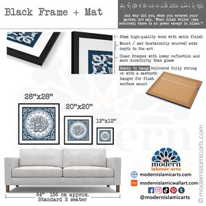 May include: A black framed print with blue and white Arabic calligraphy on a blue and white geometric background. The print is available in three sizes: 28 inches by 28 inches, 20 inches by 20 inches, and 12 inches by 12 inches. The print is shown hanging above a white sofa.