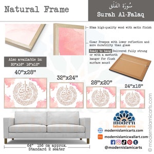 May include: A framed print of the Surah Al-Falaq in Arabic calligraphy with a pink watercolor background. The print is available in various sizes, including 40x28 inches, 32x24 inches, 28x20 inches, and 24x18 inches. The frame is made of high-quality wood with a satin finish.