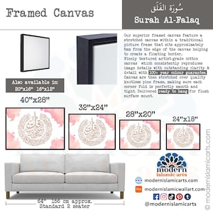 May include: A framed canvas print of the Surah Al-Falaq in Arabic calligraphy with a pink watercolor background. The canvas is available in various sizes, including 40x28 inches, 32x24 inches, 28x20 inches, and 24x18 inches. The canvas is ready to hang and comes with a 100+ year color guarantee.