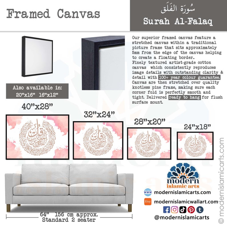 May include: A framed canvas print of the Surah Al-Falaq in Arabic calligraphy with a pink watercolor background. The canvas is available in various sizes, including 40x28 inches, 32x24 inches, 28x20 inches, and 24x18 inches. The canvas is ready to hang and comes with a 100+ year color guarantee.