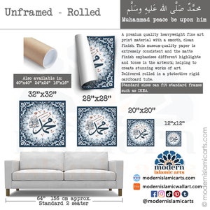 May include: A blue and white Islamic calligraphy print of the Arabic text "Muhammad peace be upon him" in a decorative frame. The print is available in various sizes, including 32x32 inches, 28x28 inches, 20x20 inches, and 12x12 inches.