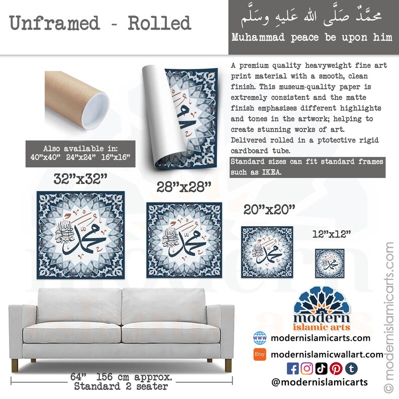 May include: A blue and white Islamic calligraphy print of the Arabic text "Muhammad peace be upon him" in a decorative frame. The print is available in various sizes, including 32x32 inches, 28x28 inches, 20x20 inches, and 12x12 inches.