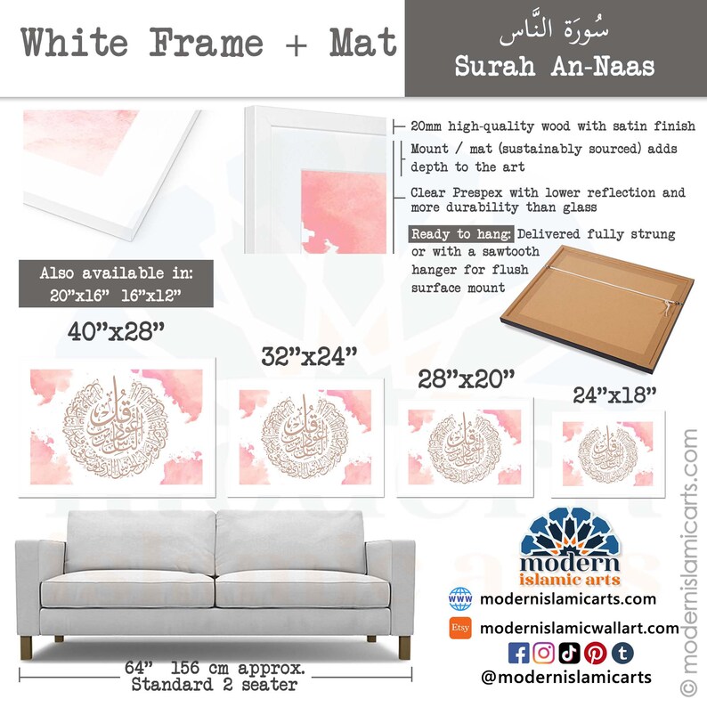 K&ouml;nnte beinhalten: Ein gerahmter Druck der Sure An-Naas in arabischer Kalligraphie mit einem rosafarbenen Aquarellhintergrund. Der Druck ist in verschiedenen Gr&ouml;&szlig;en erh&auml;ltlich, darunter 40x28 Zoll, 32x24 Zoll, 28x20 Zoll und 24x18 Zoll. Der Rahmen besteht aus hochwertigem Holz mit einer Satin-Oberfl&auml;che und einem Passepartout, um der Kunst Tiefe zu verleihen. Der Druck ist mit einem S&auml;gezahn-Aufh&auml;nger f&uuml;r eine b&uuml;ndige Wandmontage bereit zum Aufh&auml;ngen.
