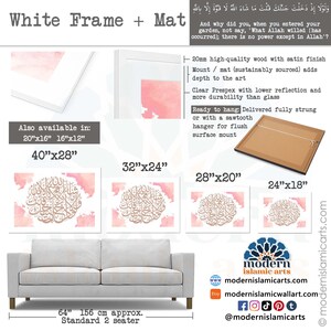 May include: A framed Islamic calligraphy art print with a pink and gold watercolor background. The print features the Arabic text "And why did you, when you entered your garden, not say, 'What Allah willed [has occurred); there is no power except in Allah'?" The print is available in various sizes, including 40x28 inches, 32x24 inches, 28x20 inches, and 24x18 inches. The print is ready to hang and comes with a sawtooth hanger for flush surface mounting.