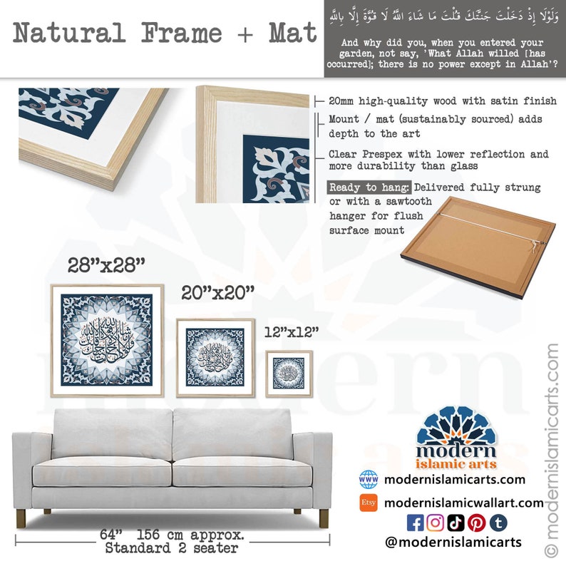 May include: A set of three framed Islamic art prints with blue and white geometric designs. The prints are shown hanging on a wall above a light gray couch. The largest print measures 28 inches by 28 inches, the middle print measures 20 inches by 20 inches, and the smallest print measures 12 inches by 12 inches. The prints are available in natural wood frames with a satin finish and a mount/mat that adds depth to the art. The frames are also available with a sawtooth hanger for flush surface mounting.