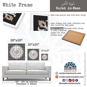 May include: White framed print of Islamic calligraphy in Arabic script with the text "Surah An-Naas". The print is available in three sizes: 28 inches by 28 inches, 20 inches by 20 inches, and 12 inches by 12 inches. The print is shown hanging above a gray couch.