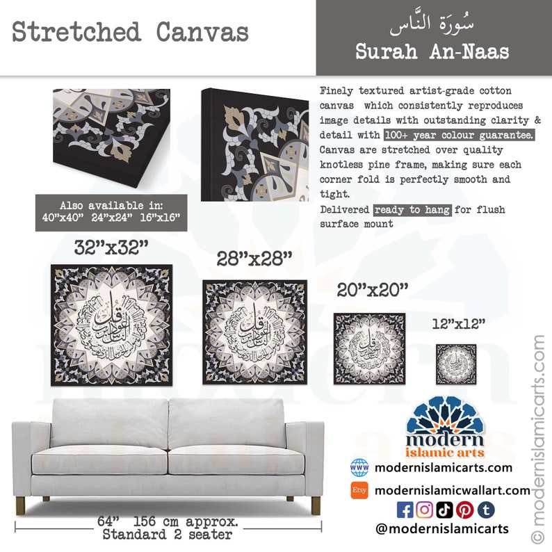 May include: A stretched canvas print of the Surah An-Naas, a chapter from the Quran, in a black and white color scheme with intricate details. The canvas is available in various sizes, including 32x32 inches, 28x28 inches, 20x20 inches, and 12x12 inches. The canvas is ready to hang and comes with a 100+ year color guarantee.
