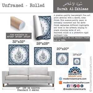 May include: A blue and white Islamic calligraphy print of Surah Al-Ikhlas, a popular Islamic prayer, in a decorative frame. The print is available in various sizes, including 12x12 inches, 20x20 inches, 28x28 inches, and 32x32 inches. The print is rolled in a protective tube for shipping.