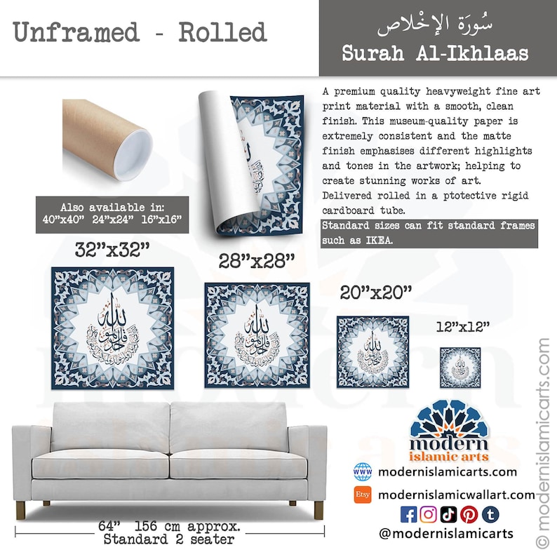 May include: A blue and white Islamic calligraphy print of Surah Al-Ikhlas, a popular Islamic prayer, in a decorative frame. The print is available in various sizes, including 12x12 inches, 20x20 inches, 28x28 inches, and 32x32 inches. The print is rolled in a protective tube for shipping.