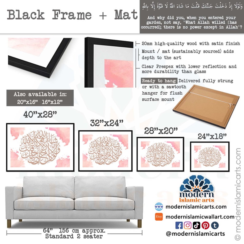 May include: A pink and gold Islamic calligraphy art print with a black frame and mat. The print is available in various sizes, including 40x28 inches, 32x24 inches, 28x20 inches, and 24x18 inches. The print is shown hanging above a standard 2-seater sofa.