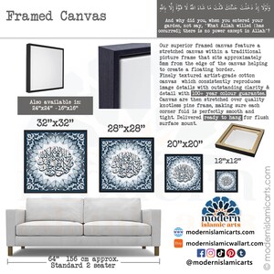 May include: A framed canvas print with a blue and white Islamic calligraphy design. The canvas is stretched over a wooden frame and is ready to hang. The print is available in various sizes, including 12"x12", 20"x20", 28"x28", and 32"x32".
