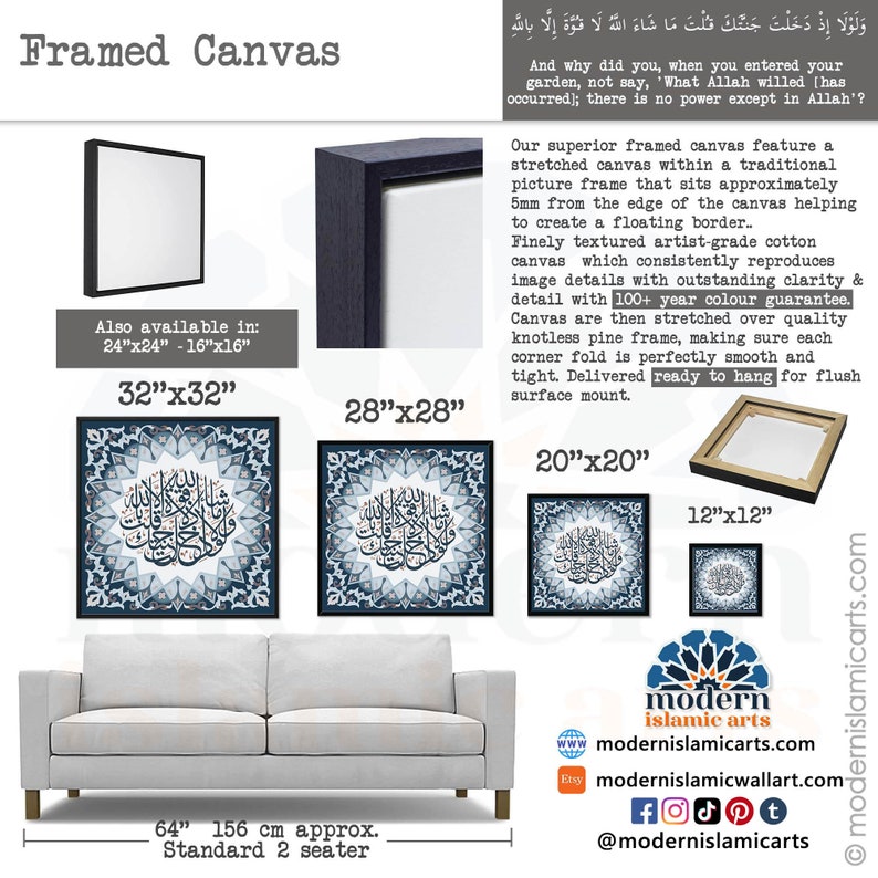 May include: A framed canvas print with a blue and white Islamic calligraphy design. The canvas is stretched over a wooden frame and is ready to hang. The print is available in various sizes, including 12"x12", 20"x20", 28"x28", and 32"x32".