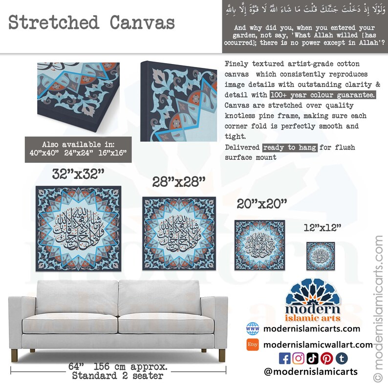 Pu&ograve; includere: Una stampa su tela tesa con calligrafia islamica in blu e bianco su uno sfondo blu scuro. La tela &egrave; disponibile in diverse dimensioni, tra cui 12"x12", 20"x20", 28"x28", 32"x32" e 40"x40". La tela &egrave; pronta per essere appesa e ha una garanzia di colore di oltre 100 anni.