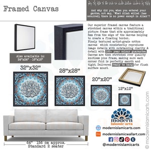 Pu&ograve; includere: Stampa su tela incorniciata di calligrafia islamica in caratteri arabi con un motivo geometrico blu e bianco. La tela &egrave; disponibile in diverse dimensioni, tra cui 12x12 pollici, 20x20 pollici, 28x28 pollici, 32x32 pollici e 24x24 pollici. La tela &egrave; pronta per essere appesa e ha una garanzia di colore di oltre 100 anni.