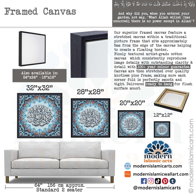 Pu&ograve; includere: Stampa su tela incorniciata di calligrafia islamica in caratteri arabi con un motivo geometrico blu e bianco. La tela &egrave; disponibile in diverse dimensioni, tra cui 12x12 pollici, 20x20 pollici, 28x28 pollici, 32x32 pollici e 24x24 pollici. La tela &egrave; pronta per essere appesa e ha una garanzia di colore di oltre 100 anni.