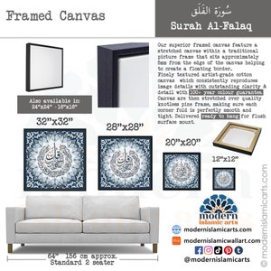 Puede incluir: Una impresi&oacute;n en lienzo enmarcada de la Sura Al-Falaq en caligraf&iacute;a &aacute;rabe. El lienzo est&aacute; estirado sobre un marco de madera y est&aacute; disponible en varios tama&ntilde;os, incluyendo 12"x12", 20"x20", 28"x28", 32"x32" y 64"x64". El lienzo est&aacute; listo para colgar.