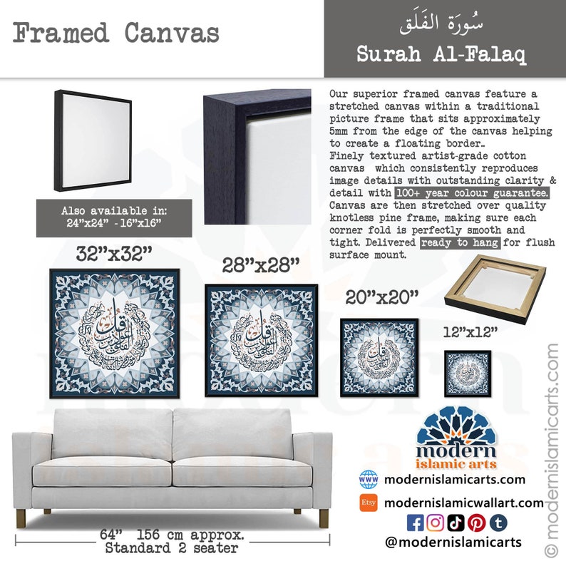 Puede incluir: Una impresi&oacute;n en lienzo enmarcada de la Sura Al-Falaq en caligraf&iacute;a &aacute;rabe. El lienzo est&aacute; estirado sobre un marco de madera y est&aacute; disponible en varios tama&ntilde;os, incluyendo 12"x12", 20"x20", 28"x28", 32"x32" y 64"x64". El lienzo est&aacute; listo para colgar.